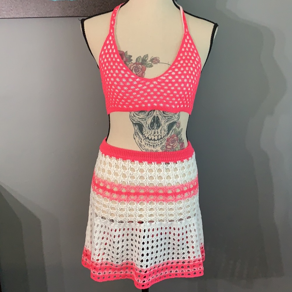 Fuchsia Pink Crochet Two Pc Tie Halter Top And Skirt Coverup Set New - Picture 7 of 14